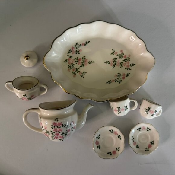 Vtg Miniature 8 Piece Porcelain Tea Set -White with Pink Floral Design VG Cond. - Picture 2 of 7